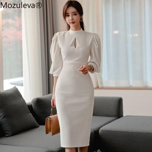 Mozuleva 2021 Korea New Slim Womens Knee-Length Cloth Stand Neck Lantern Sleeve High Waist Bodycon OL Official White Work Dress