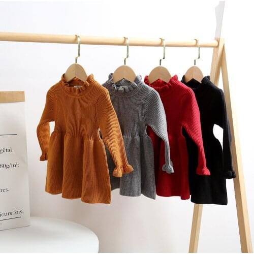 0-6Y Autumn Winter Kids Baby Girls Dress Solid Knit Ruffles Long Sleeve A-Line Dress 4 Colors Outfits Dress