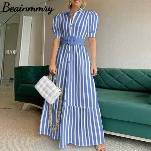 Women Fashion Solid Shirt Dresses Retro Turn-down Collar Button Dress Office Lady Elegant Puff Sleeve belt Long Dress Vestidos