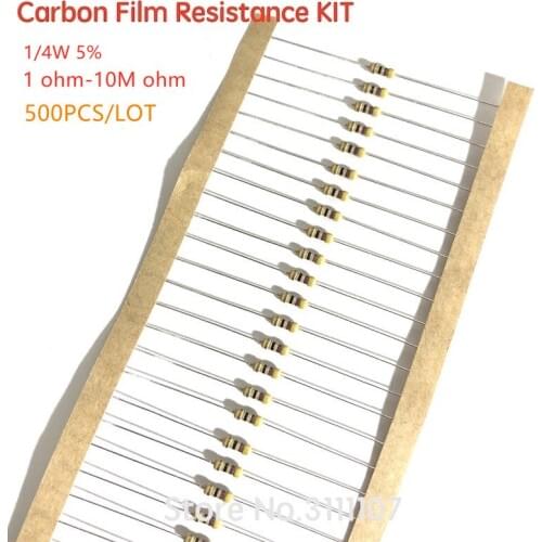500PCS/LOT 1/4w 5% Carbon Film Resistor Kit 50 Values Assortment Pack Mix Selection 1 ohm-10M ohm 50 Values Each 10PCS 0.25w