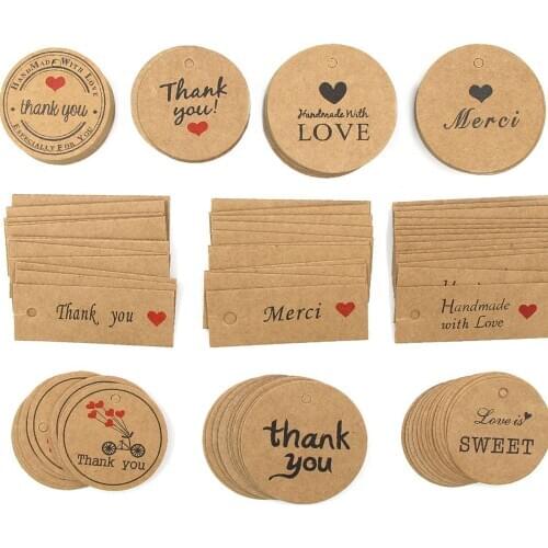 100Pcs Handmade Tags Kraft Paper Printed Thank You/Handmade Label Round Paper Handmade Hang Tag For Gift Package Garment Tags