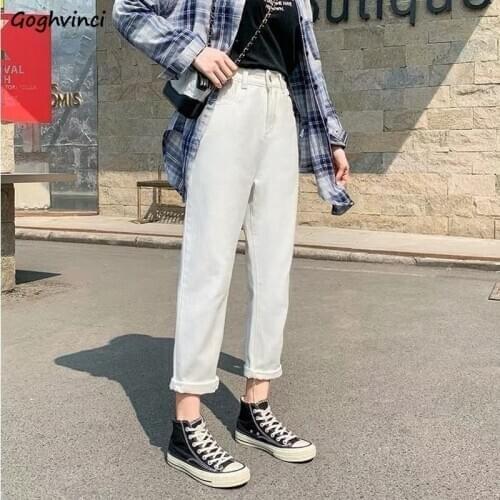 Jeans Women Harem High Waist White Denim Pockets Korean Style Vintage Slim Loose Young Office Ladies Comfortable Fashion Chic