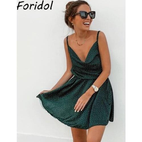 Foridol Polka Dot Satin Summer Dress Women Strap Sleeveless Sash Boho Dress Green Ruffle V Neck Beach Short Sundress 2021
