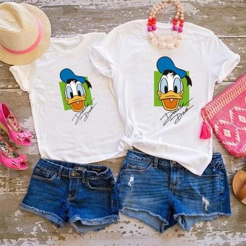 Daisy Duck Pattern T Shirt Woman Loose Short Sleeve Tee Tops Summer Vintage Mom and Daughter Son T-shirt Family Matching Clothes