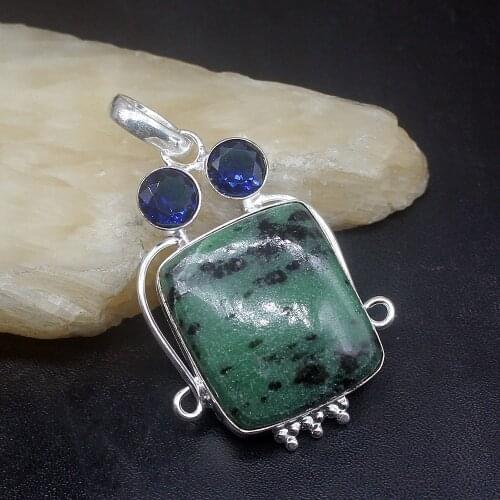 Gemstonefactory Jewelry Big Promotion 925 Silver Green Obsidian Blue Topaz Unique Women Ladies Gifts Necklace Pendant 1026