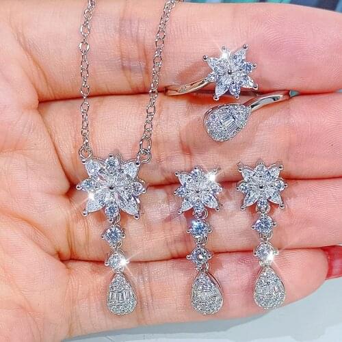 HOT Ladies Peach Blossom Lotus 925 Silver Wedding Jewelry Sets For Women Zircon Drop Earrings Necklace Pendant Ring Gift