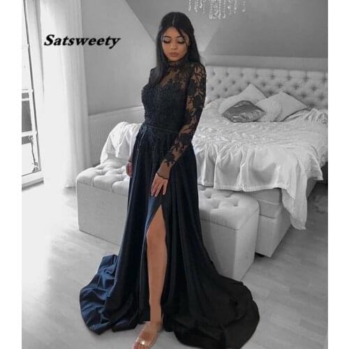 Illusion Long Sleeve Lace A-Line Evening Dresses Appliques Black Formal Evening Gowns Split Satin Sexy Prom Dress Robe Soirée