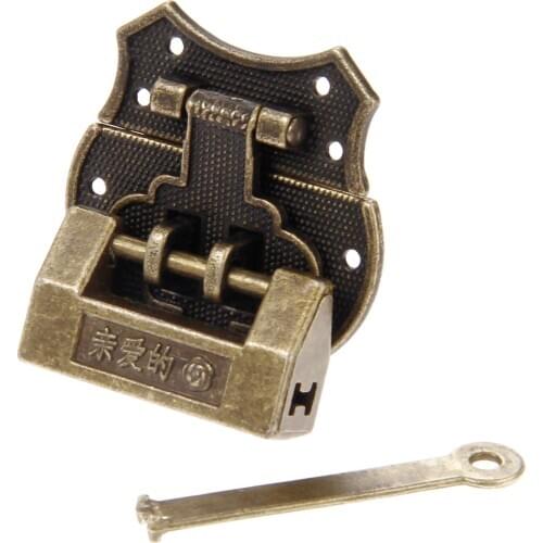 1 Set Furniture Hardware Antique Bronze Vintage Chinese Old Lock Wooden Box Padlock with Box Latch Hasp Buckle Clasp and Screws