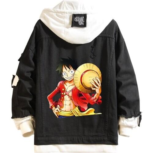 Fashion Men Women Black Jeans Jacket Anime One Piece Luffy Denim Coat Boy Girl Outerwear Halloween Cartoon Cosplay Costume Tops
