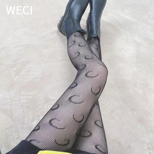 WECI Fashion Letter C Tights G White Fishnet Stockings Pantyhose Sexy Mesh Black Thigh High Funny Happy Female Socks Fancy Women