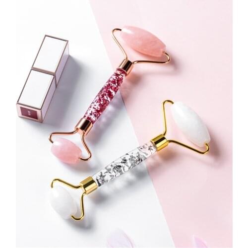 Natural Rose Quartz Jade Roller Facial Body Massager Jade Stone with Sequin Arcylic Stick Face Lifting Beauty Massage Tool