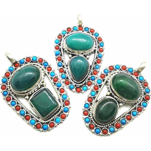 Nepal Handmade Semi-precious Jewelry Vintage Flower Pendant Copper Inlaid Natural Green Agates Pendants TBP351