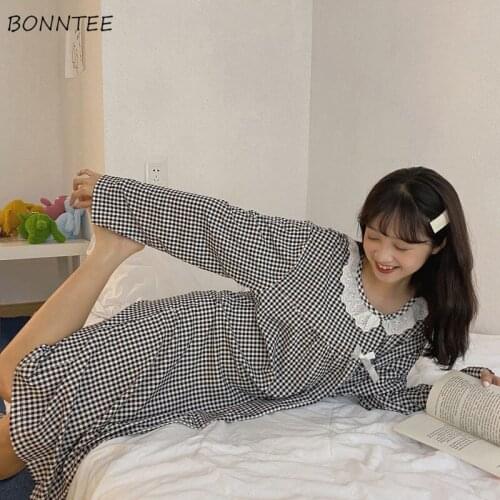 Nightgowns Women Spring Lace Sweet Plaid Chic Sleepwear All-match Girlish O-neck Mujer Cozy Feminine Simple Minimalist Hot Sale