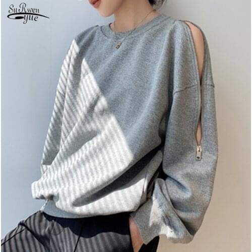 Autumn New Ins Hot Off Shoulder Zipper Korean Loose Long Sleeve Sweetshirts Lazy Wind Wild Top Solid Pullover Cotton Coats 12188