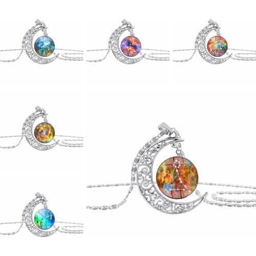 Gift 12 Constellation Leo sign Star Sky Universe Planet Crescent Necklace Time hollow Half Moon Planet Zodiac Necklace jewelry