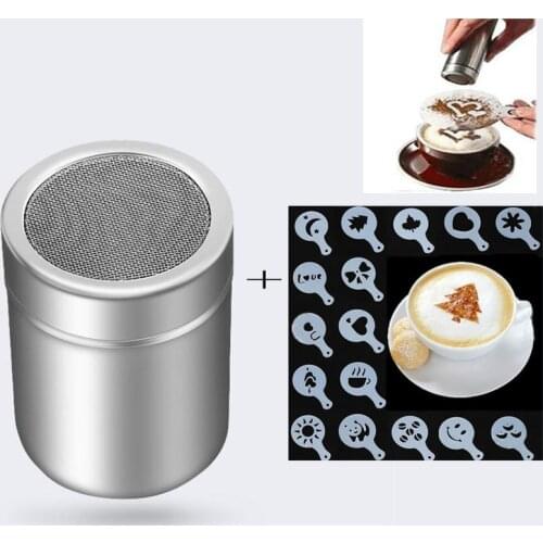 Flour Salt Sifter Sugar Condiment Bottle Containers Chocolate Powder Shaker+16Pcs Coffee Stencils Template Duster Spray Coffee