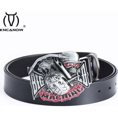 Designer Brand Genuine Leather Belts For Men Machine Skull Buckle Western Cowboy Jeans Gift Belt Vintage Black Leather Men Strap