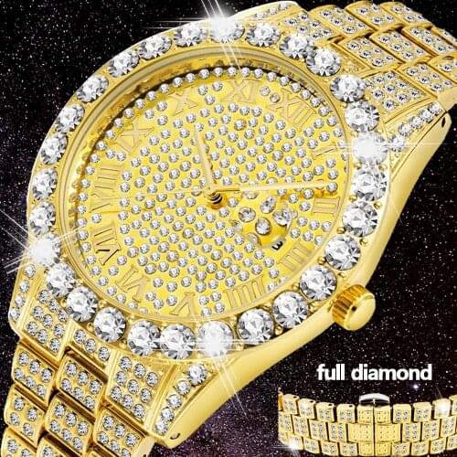 Full Bling Large Diamond Watch For Men ICED-Out Hip Hop Mens Quartz Watches Waterproof Date Male Clock Gold Steel Relogio XFCS