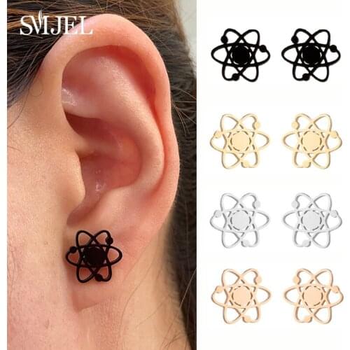Creative Chemistry Atom Stainless Steel Earrings Gold Color Science Pendant Studs Jewelry Geometric Graduation Gift Friend