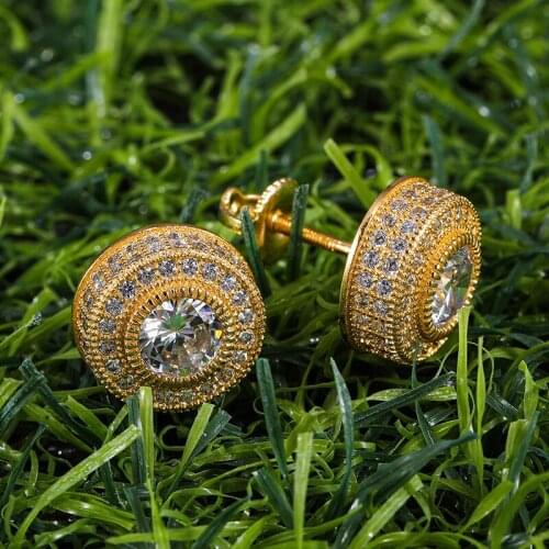 Hip HOP 1Pair Micro Full Paved Round Rhinestone Zircon CZ Stone Bling Iced Out Stud Earring Copper Earrings For Men Jewelry
