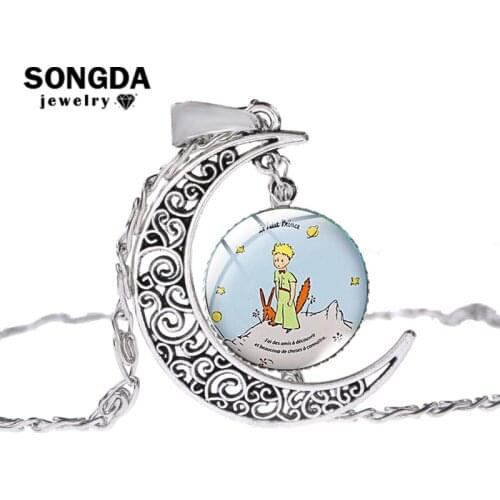 SONGDA French Classic Le Petit Prince Necklace Cartoon Printed Glass Dome Moon Pendant The Little Prince Children Long Necklace