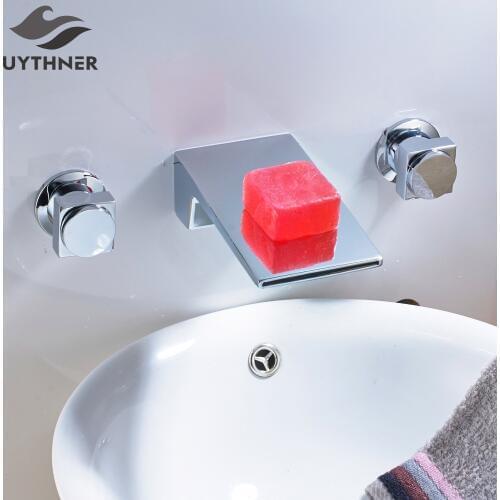 Uythner Big Discount 3pcs Waterfall Spout Bathroom Basin Faucet Double Round Handles Mixer Tap Chrome Finish