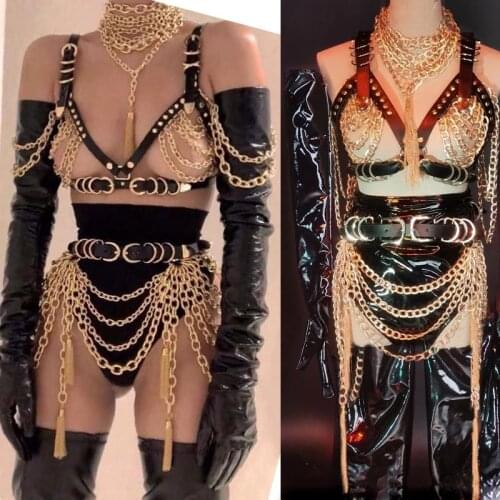 Party Revel Black Punk Style Sexy Gold Chains stage Costume suit Nightclub Bar Dj Female Singer Dance Performance wer full set