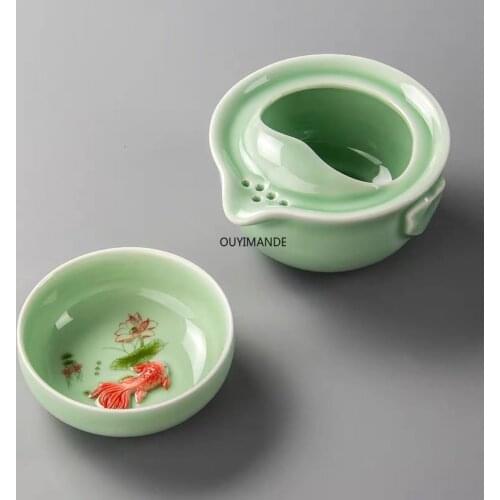 High Quality Gaiwan Celadon 3D Carp Travel Portable Kung Fu Drinkware Tea Set Including 1 Pot + 1 Cup Office Teapot Kettle