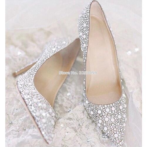 ALMUDENA Women Bling Bling Silver Crystal Wedding Shoes Pointed Toe Glittering Beaded Pumps Stiletto Heels Rhinestone Footwear