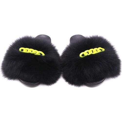 Womens Real Fur Slippers Ladies Summer Fluffy Raccoon Fox Fur Chain Decoration Indoor Furry Flat Shoes Sandals 2021 New TX33