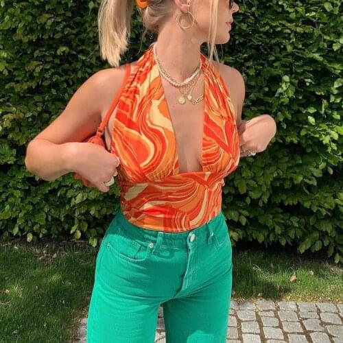 Summer Y2k Print Sleeveless Crop Top Women Sleeveless 2021 Halter Neck Bandage V Neck Sexy Orange Stripe Party Tank Tops Fashion