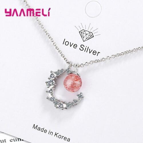 Hot Crystal Moon Round Strawberry Stone Pendant Necklace 925 Sterling Silver Bijoux Collier Elegant Women Jewelry Gifts