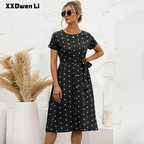 Summer Polka Dot Belt Button Midi Dress Women 2021 Casual Short Sleeve black Long Dresses Fashion Office Lady Dress Robe Femme