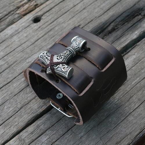 1pcs Leather Cuff Viking men Leather Wrist Cuff with mjolnir hammer WARG LEATHER Viking Wolf paw Bracelet Cuff Bangle
