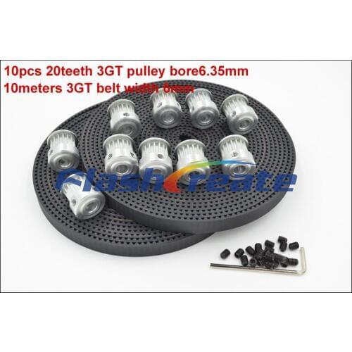 10pcs 20 Teeth 3GT Synchronous Pulley Bore 5/6.35/8mm + 10meters 3GT Rubber Belt Width 6mm 20Teeth 20T GT3 Timing Belt Pulley