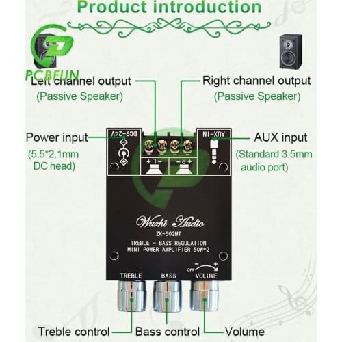 2*50W Bluetooth 5.0 Subwoofer Amplifier Board ZK-502MT Dual Channel High Power Audio Stereo Amplifier Board AUX Bass Treble AMP