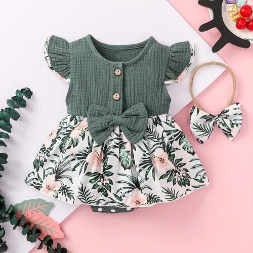 2021 New Summer Casual Baby Jumpsuit Newborn Baby Girl Clothes Infant Bow Ruffle Floral Daisy Print Bodysuits Dress Ropa Bebe