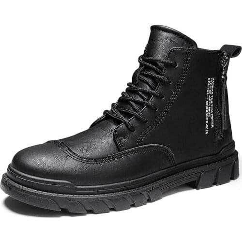 Men Ankle Boots Outdoor Leather Zip Autumn Winter Non-slip Lace Up Walk Male Casual Flats Work Shoes Fashion Comfortable