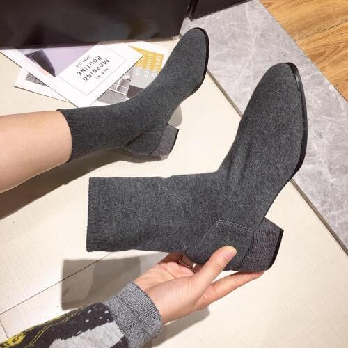 NIUFUNI Womens Fashion Chunky Heel Pointed Toe Ankle Boots Elastic Stretch Sock Boots Black/Gray Shoes Woman Autumn Botas Mujer