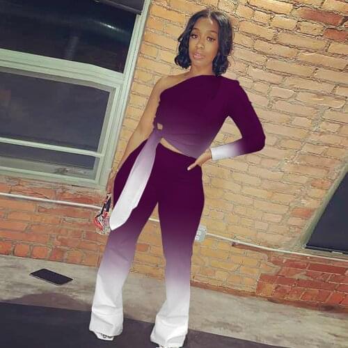 Gradient Color Print Two Piece Pant Suit Women One Shoulder Single Sleeveless Crop Top and Bell Bottom Trouser Matching Outfits