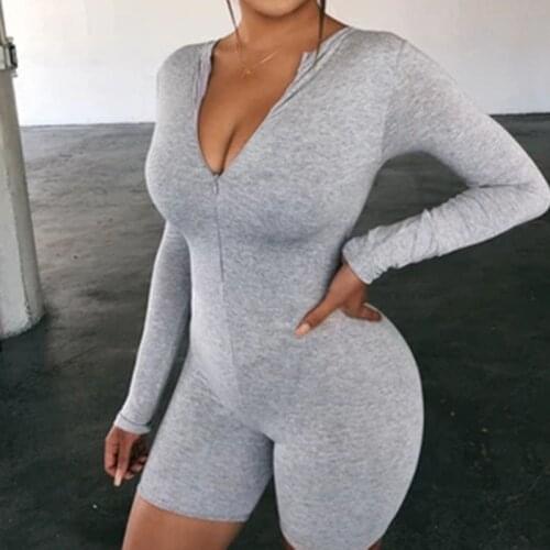 Black Ribbed Bodycon Playsuit Women Clothes Sexy Jumpsuit Shorts Autumn Cotton Zip Up Party Club Romper Long Sleeve Tops GV108