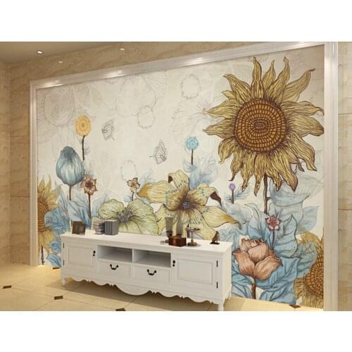 Custom large mural,Retro hand-drawn cartoon sunflower wallpaper,hotel living room tv sofa wall children bedroom papel de parede