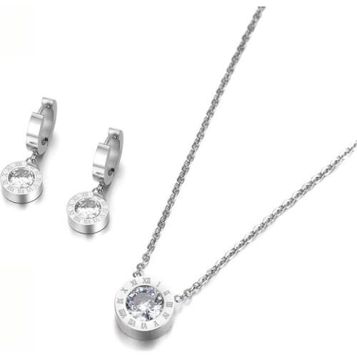 Roman Numerals Cubic Zirconia Pendant Necklace Earrings Ring Jewelry Sets Titanium Steel For Wedding Bands SE007P