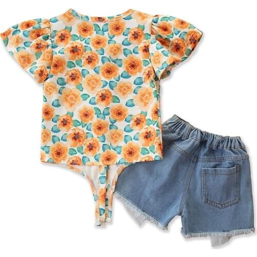 2Pcs Baby Kids Children Girls Sets Floral Print Short Sleeve O Neck Tops Jeans Shorts Infant Toddler Fashion Summer Outfits 1-6Y