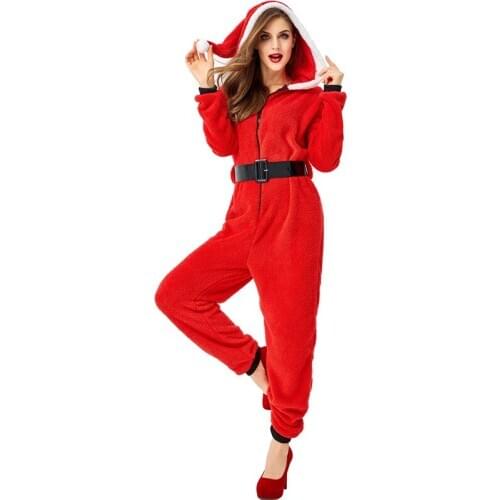 Santa Claus Cosplay Jumpsuit Red Flannel Hooded One-piece Jumpsuit Belt 2PCS Set Halloween Cos Adult Unisex Christmas Costume