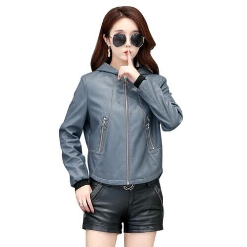 Large Size 3XL Leather Jacket Women Coats New 2021 Motorcycle Leather Coat Women Short Slim Hooded Female Leather Clothing Black