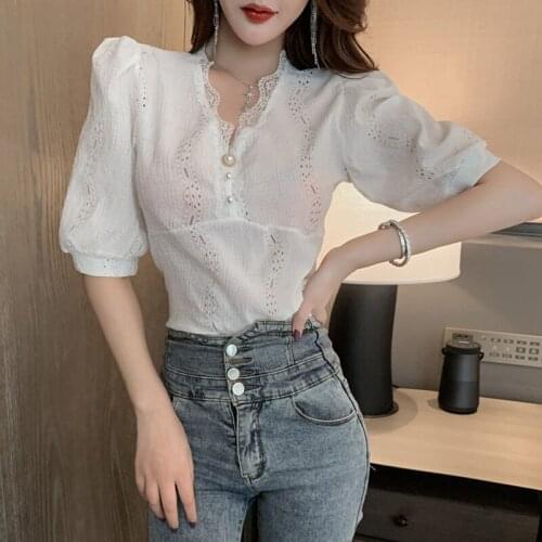 Lace V-neck Womens Shirt French Style Wild Bubble Sleeve Blouse Slim Small Tops Beading Lace Shirt Chiffon Blouse Womens 14432