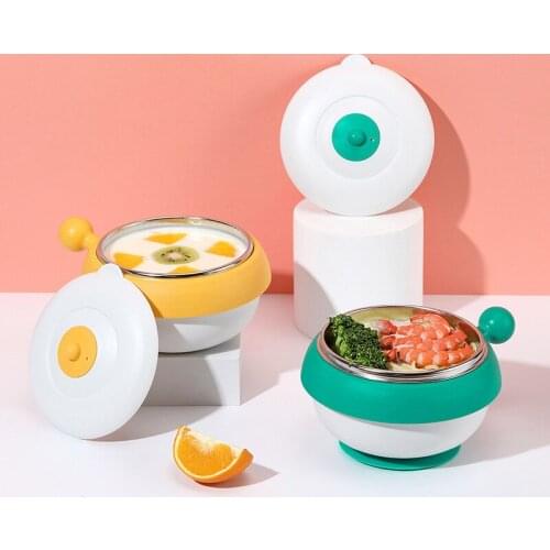 Stainless Steel Sucker Water-filled Insulation Bowl Handle Solid Soup Food Self Feeding for Baby Kids Children Creative Gift