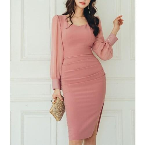 New arrival comfortable solid perspective sleeves formal dress temperamental high quality work style slim pink cute pencil dress