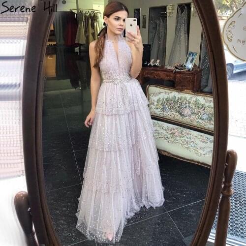 Pink A-Line Sexy Multilayer Evening Dresses 2020 Halter Beading Tiered Tulle For Women Party Wear Gowns Serene Hill DLA70806
